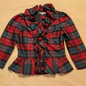 Boston Proper Red and Blue Plaid Ruffle Blouse